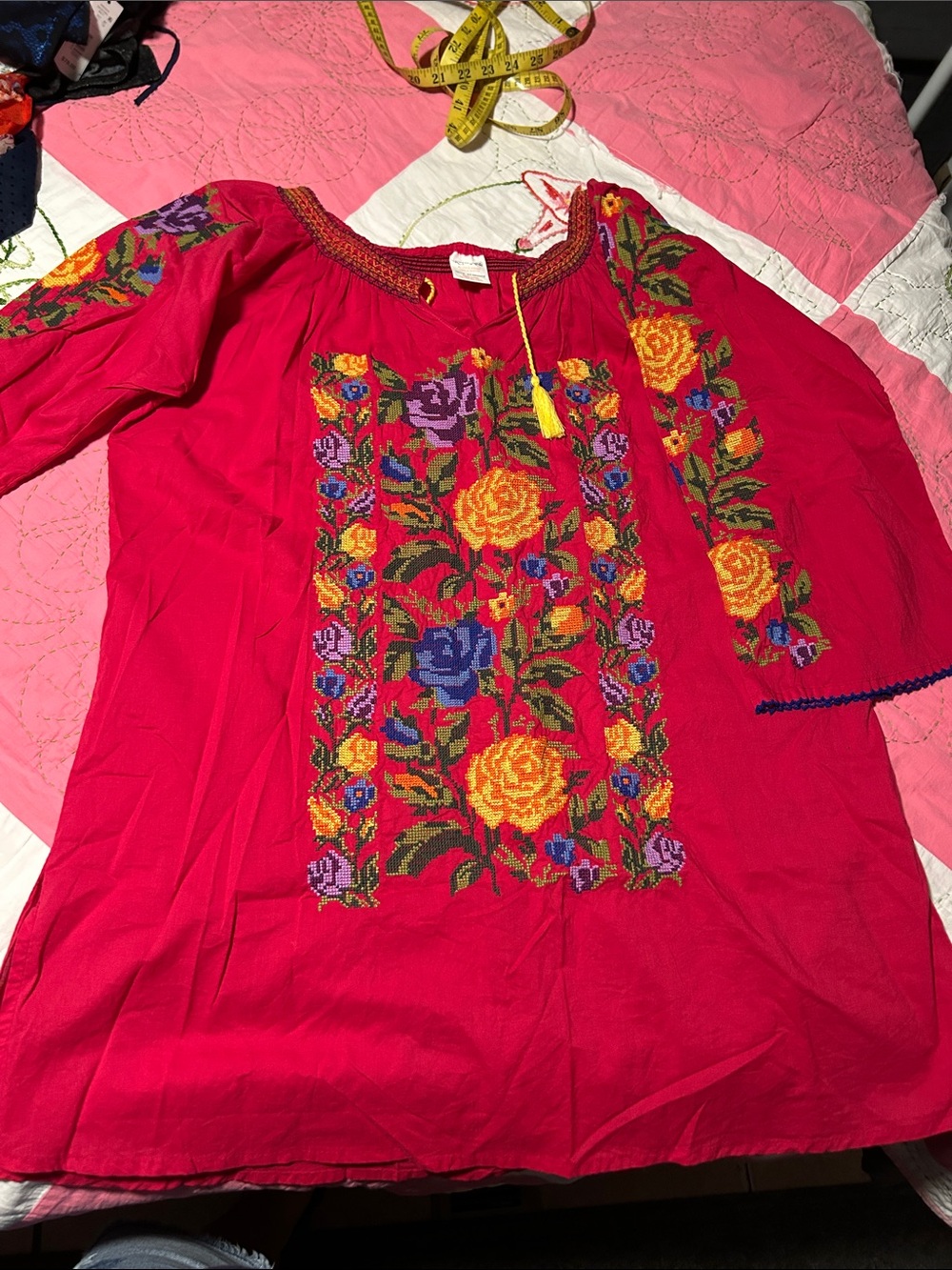 Embroidered Fuchsia Floral Peasant Top